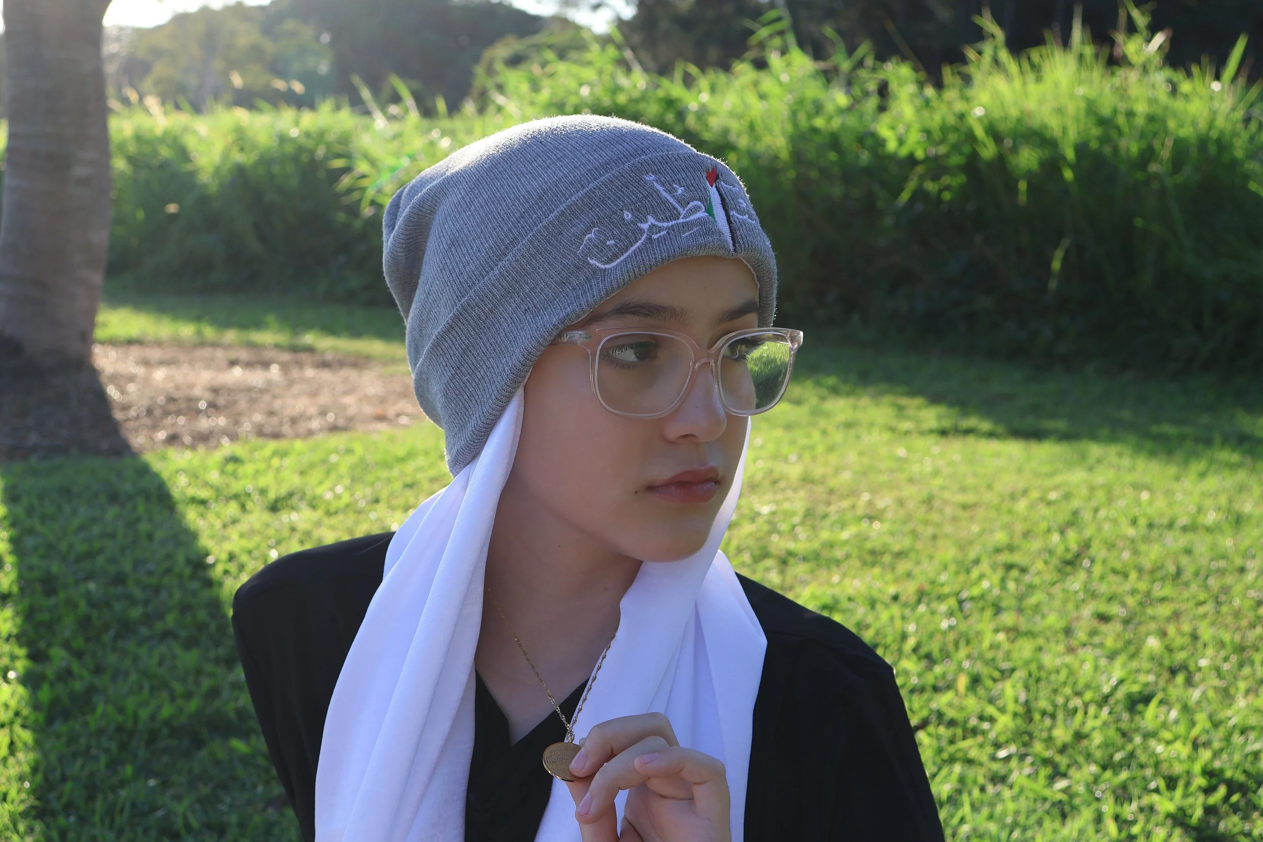 Grey Beanie with Palestine Embroidery