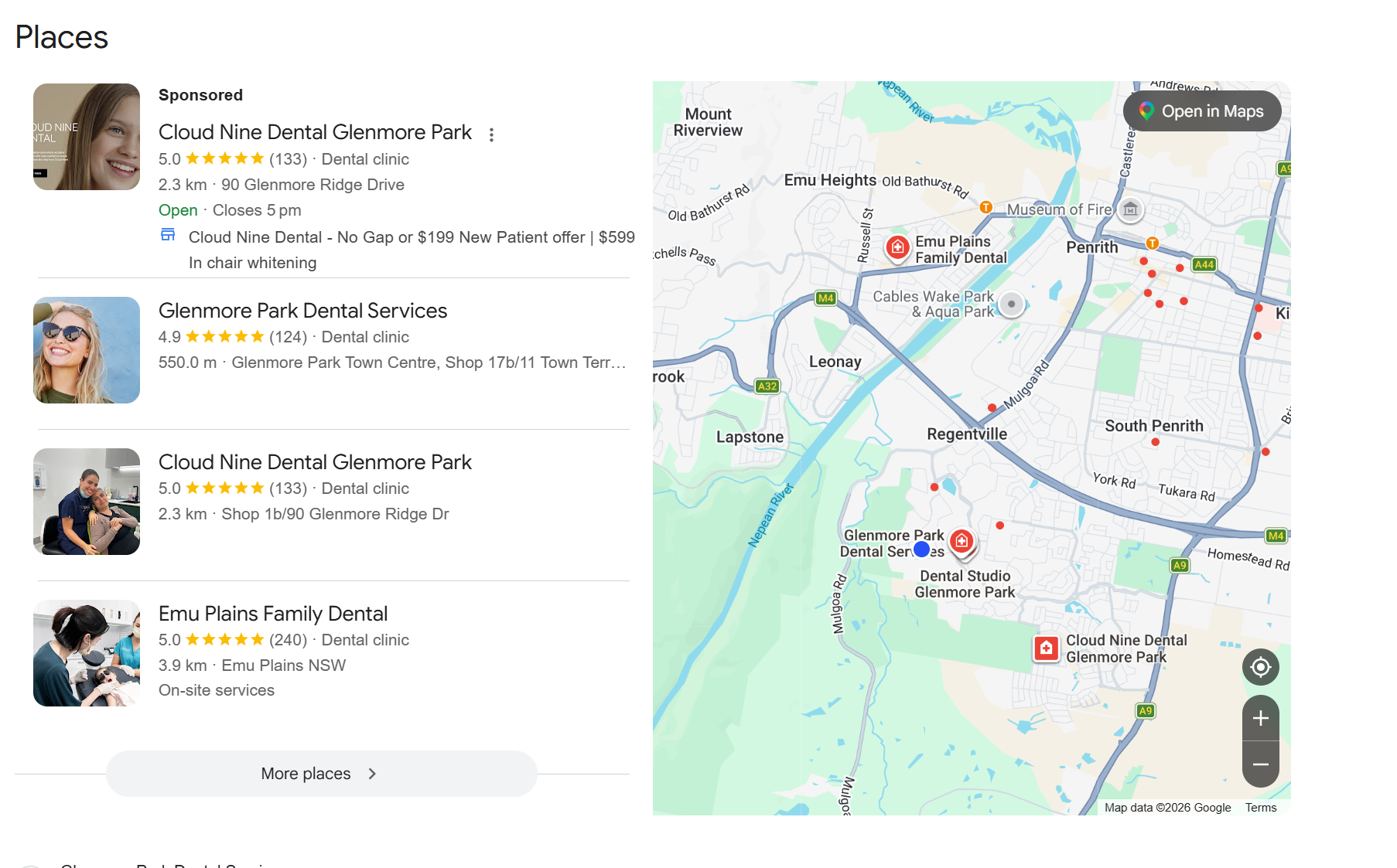 GBP search result for "dentist near me""