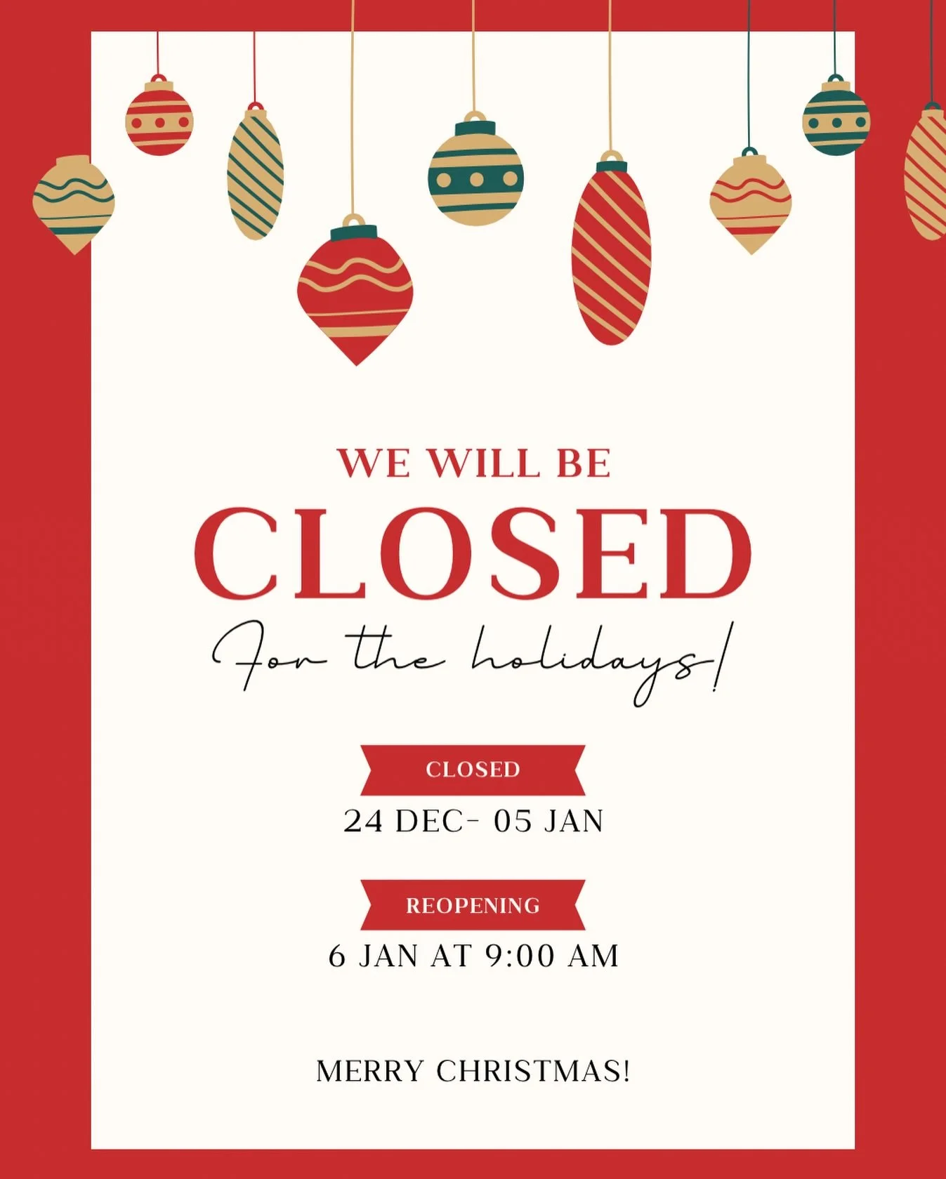 🎄 Holiday Break Notice 🎄

Our team will be taking a short break over the holiday period.
We&rsquo;ll be back refreshed, recharged and ready for 2026 ✨

📲 Online bookings will remain available while we&rsquo;re away.
💻 Aimee will be back on deck f