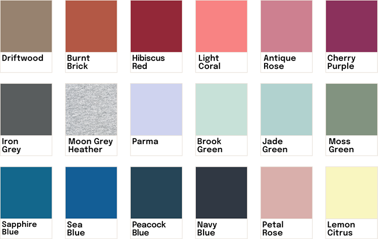 Échantillons de différentes couleurs de peinture avec leurs noms, y compris Driftwood, Burnt Brick, Hibiscus Red, Light Coral, Antique Rose, Cherry Purple, Iron Grey, Moon Grey Heather, Parma, Brook Green, Jade Green, Moss Green, Sapphire Blue, Sea Blue, Peacock Blue, Navy Blue, Petal Rose, Lemon Citrus.