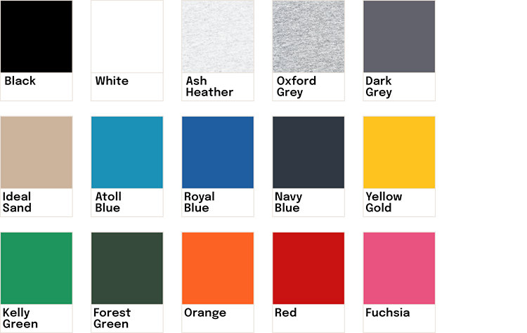 Tableau de couleurs avec 15 échantillons, chacun nommé : Black, White, Ash Heather, Oxford Grey, Dark Grey, Ideal Sand, Atoll Blue, Royal Blue, Navy Blue, Yellow Gold, Kelly Green, Forest Green, Orange, Red, Fuchsia.