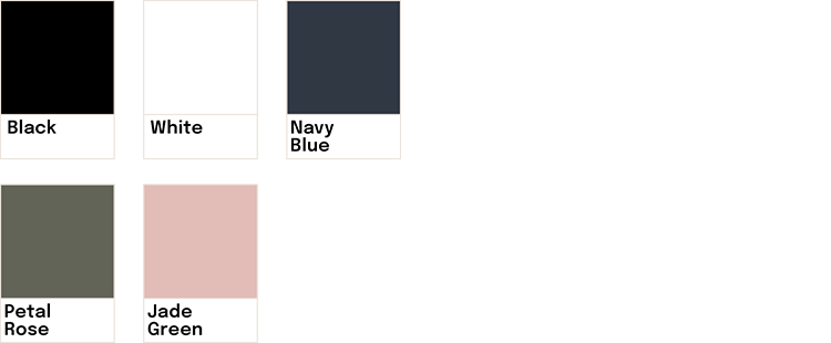 Nuancier de couleurs avec des étiquettes indiquant Black, White, Navy Blue, Petal Rose, Jade Green