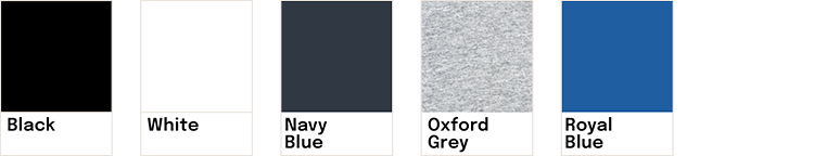 Échantillons de couleurs : noir, blanc, bleu marine, gris Oxford, bleu Royal.