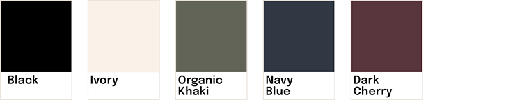 Échantillons de cinq couleurs : noir, ivoire, khaki organique, bleu marine, cerise foncée.