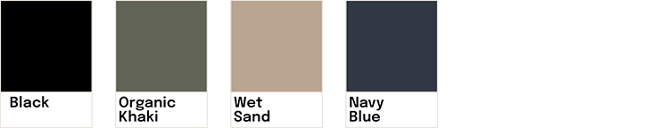 Échantillons de couleurs : noir, khaki biologique, sable humide, bleu marine.