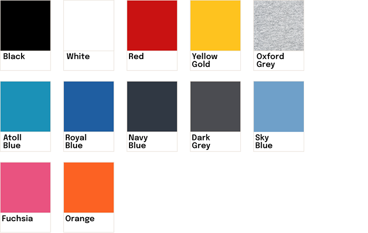 Échantillons de couleurs avec noms : Noir, Blanc, Rouge, Or Jaune, Gris Oxford, Bleu Astrolabe, Bleu Royal, Bleu Marine, Gris Foncé, Bleu Ciel, Fuchsia, Orange.