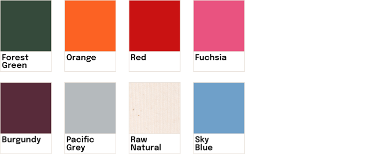 Échantillons de couleurs avec noms, comprenant Forest Green, Orange, Red, Fuchsia, Burgundy, Pacific Grey, Raw Natural, Sky Blue.