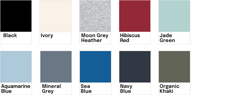 Échantillons de couleurs avec noms : noir, ivoire, gris clair, rouge hibiscus, vert jade, bleu aquamarine, gris minéral, bleu mer, bleu marine, kaki organique.