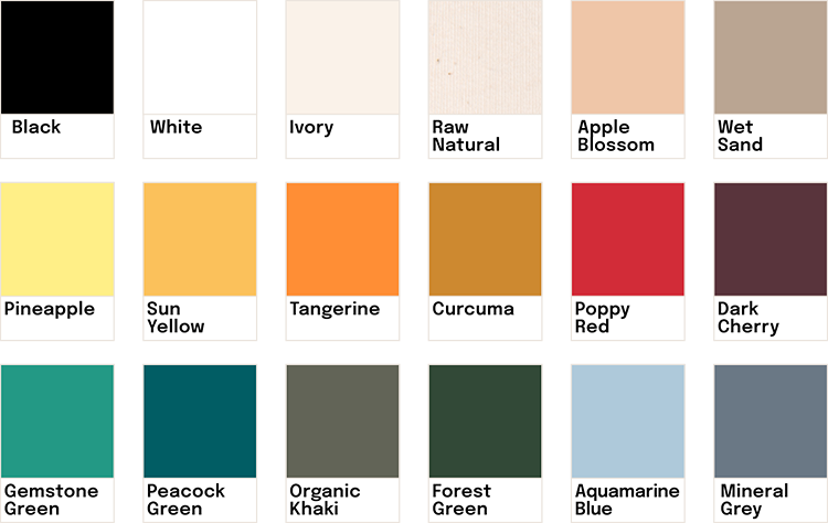 Tableau de couleur avec 20 échantillons, allant du noir au gray, avec des nuances de vert, jaune, orange, rouge, beige et blanc, chacun étiqueté par nom de couleur.