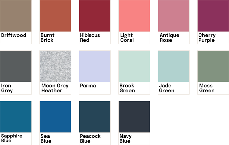 Palette de couleurs contenant des nuances de marron, rouge, rose, violet, gris, vert, bleu et noir, avec noms comme Driftwood, Burnt Brick, Hibiscus Red, Light Coral, Antique Rose, Cherry Purple, Iron Grey, Moon Grey Heather, Parma, Brook Green, Jade Green, Moss Green, Sapphire Blue, Sea Blue, Peacock Blue, et Navy Blue.