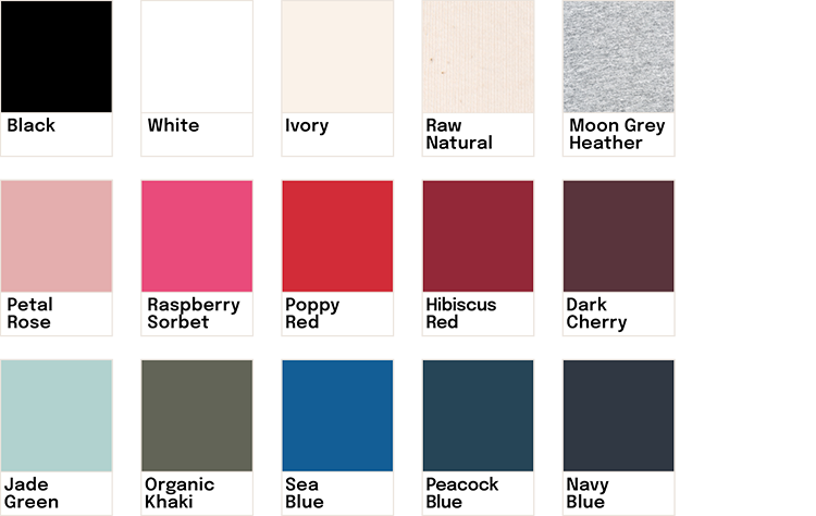Palette de peinture avec 16 couleurs nommées : Black, White, Ivory, Raw Natural, Moon Grey Heather, Petal Rose, Raspberry Sorbet, Poppy Red, Hibiscus Red, Dark Cherry, Jade Green, Organic Khaki, Sea Blue, Peacock Blue, Navy Blue.
