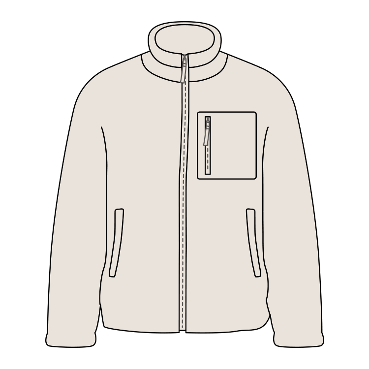 Veste blanche avec un col montant, une fermeture éclair centrale, une poche zippée sur la poitrine et deux poches latérales.