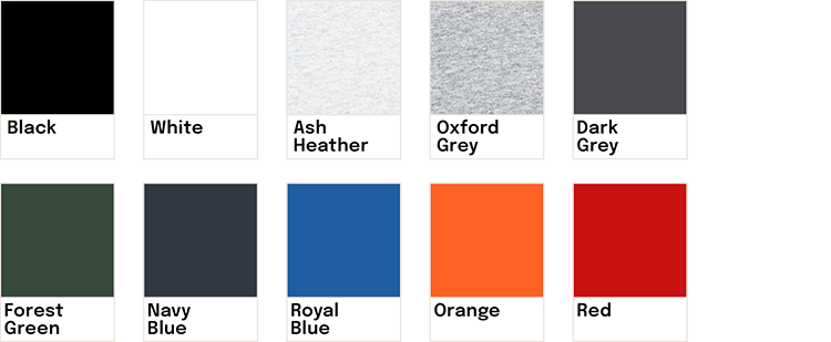 Palette de couleurs avec neuf échantillons : noir, blanc, cendré ardoisé, gris Oxford, gris foncé, vert forêt, bleu marine, bleu roi, orange, rouge.