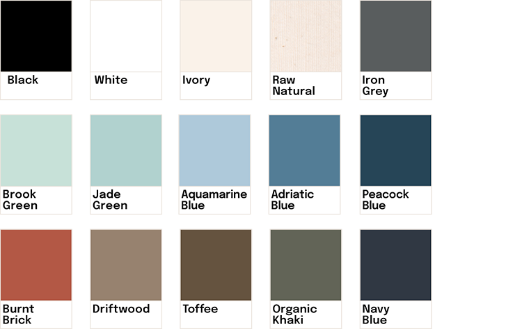 Échantillons de différentes couleurs de peinture ou tissus organisés en grille avec noms de couleurs. Les couleurs incluent: noir, blanc, ivoire, naturel brut, gris fer, vert brouillard, vert jade, bleu aquarelle, bleu adriatique, bleu paon, brique brûlée, bois flotté, toffee, khaki organique, bleu marine.