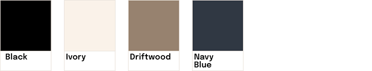 Échantillons de couleurs : noir, ivoire, driftwood, bleu marine