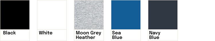 Échantillons de couleurs avec nom : noir, blanc, gris clair lune orage, bleu marine, bleu océan.