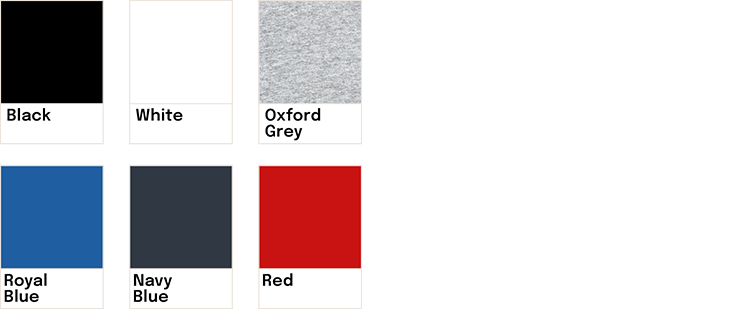 Nuancier de couleurs avec six échantillons : noir, blanc, gris Oxford, bleu royal, bleu marine, rouge.