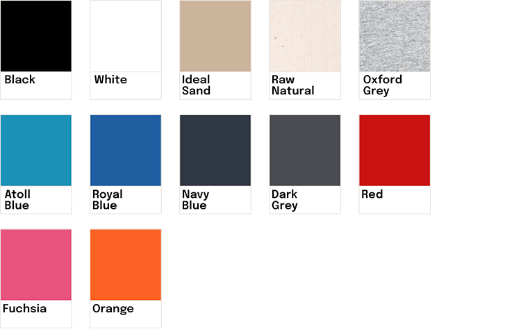 Échantillon de différentes couleurs de paint régulières, y compris noir, blanc, sable idéal, naturel brut, gris Oxford, bleu Atoll, bleu royal, bleu marine, gris foncé, rouge, fuchsia et orange.