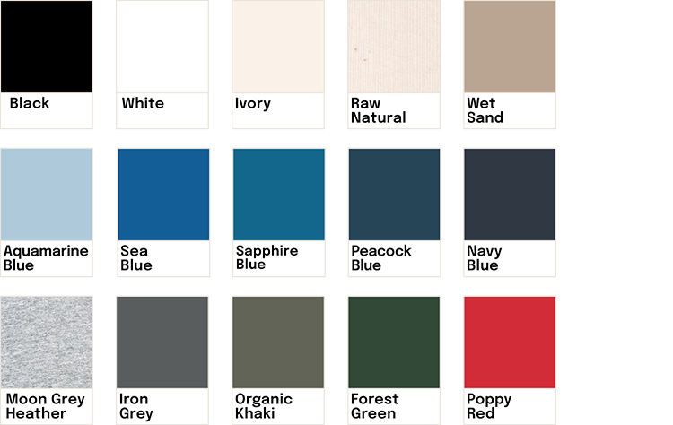 Palette de couleurs avec 15 échantillons de nuances différentes, comprenant noir, blanc, ivoire, naturel brut, sable humide, bleu aquamarine, bleu mer, bleu saphir, bleu paon, bleu marine, gris moue, fer, khaki organique, vert forêt et rouge Poppy.