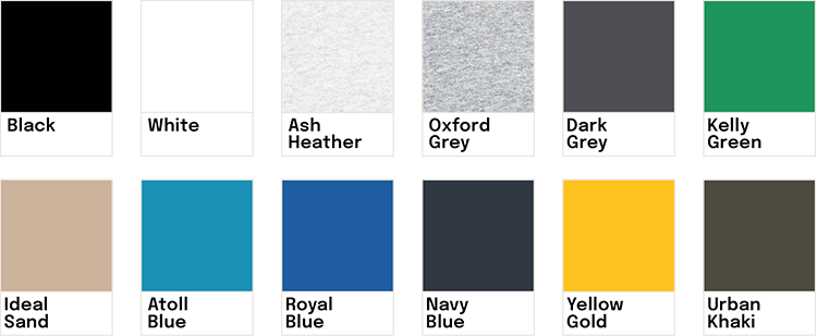 Échantillon de couleurs avec noms : Black, White, Ash Heather, Oxford Grey, Dark Grey, Kelly Green, Ideal Sand, Atoll Blue, Royal Blue, Navy Blue, Yellow Gold, Urban Khaki.