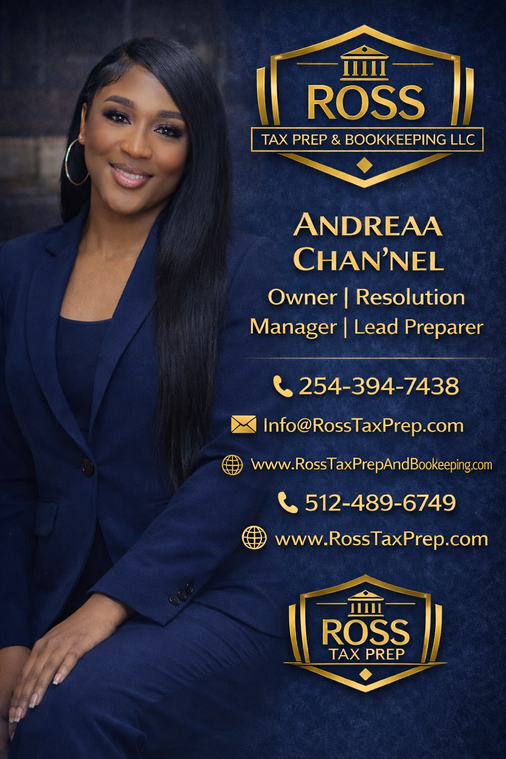 Business card for Ross Tax Prep featuring a woman with long black hair, dressed in a navy blazer. Includes contact details, services, and social media links.