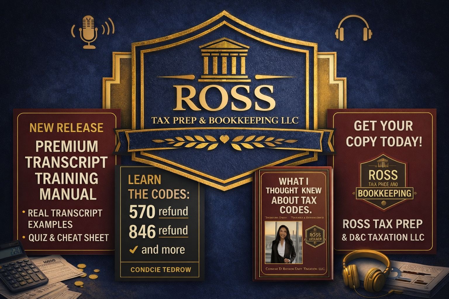 Advertisement for ROSS Tax Prep & Bookkeeping LLC featuring a navy and gold color scheme, with sections highlighting new release manual, tax codes, and services including bookkeeping and tax preparation. Includes images of a calculator, coins, a headset, and a book with a woman's photo.