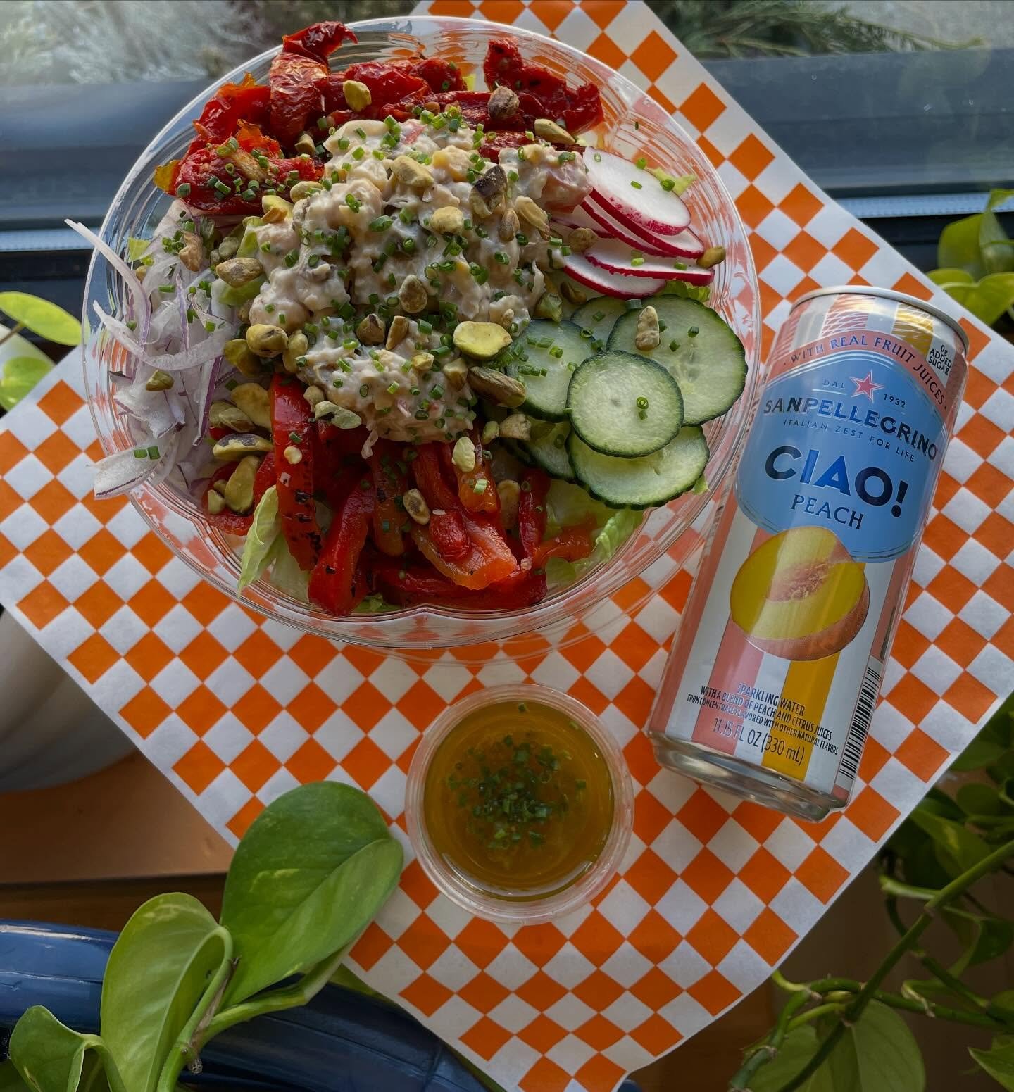 In honor of new year, new me, let me introduce if you haven&rsquo;t met already the chickpea chopped salad. Chopped romaine, our vegan chickpea salad, sliced cucumbers, radish, shaved red onions, roasted peppers, and tomatoes. Served with red wine vi