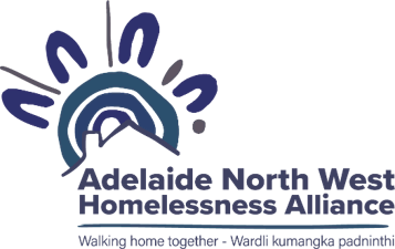 Logo for Adelaide North West Homelessness Alliance with a stylized rainbow and sun design, and the tagline "Walking home together - Weldi kumangke pednitt