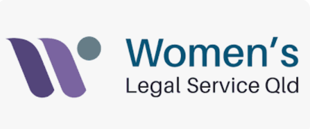 Logo for Women's Legal Service Queensland with purple and gray design elements.