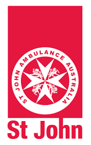 Red logo with white circle featuring a star of life symbol, and text 'St John Ambulance Australia' and 'St John'.