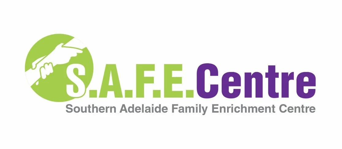 Logo of the Southern Adelaide Family Enrichment Centre (S.A.F.E. Centre) featuring a green and white circular emblem with a hand and child, and the text 'S.A.F.E. Centre' with 'Southern Adelaide Family Enrichment Centre' underneath.