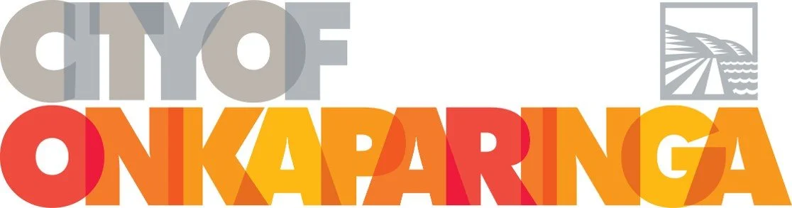 Text saying "City of Onkaparinga" with stylized background and logo.