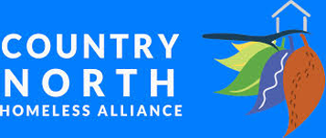 Logo for Country North Homeless Alliance featuring a stylized house and leaf with a leaf and peanut illustration.