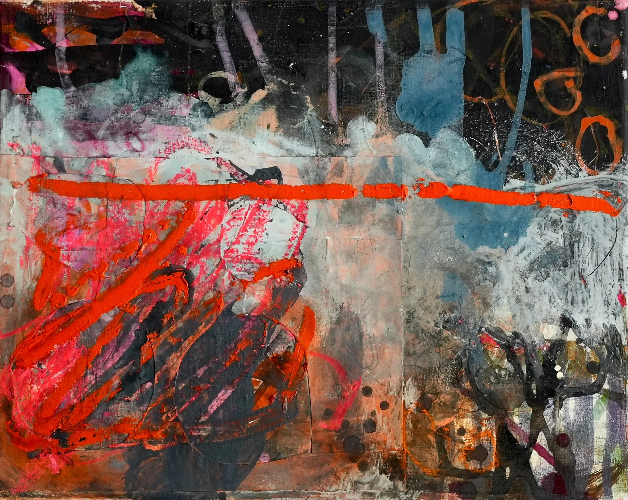 Abstrakte Gemälde mit dunklen, bunten und leuchtenden Farben, Linien und Farben in Rot, Blau, Grau, Schwarz und Pink. Das Werk hat eine dynamische und verwirrende Komposition.