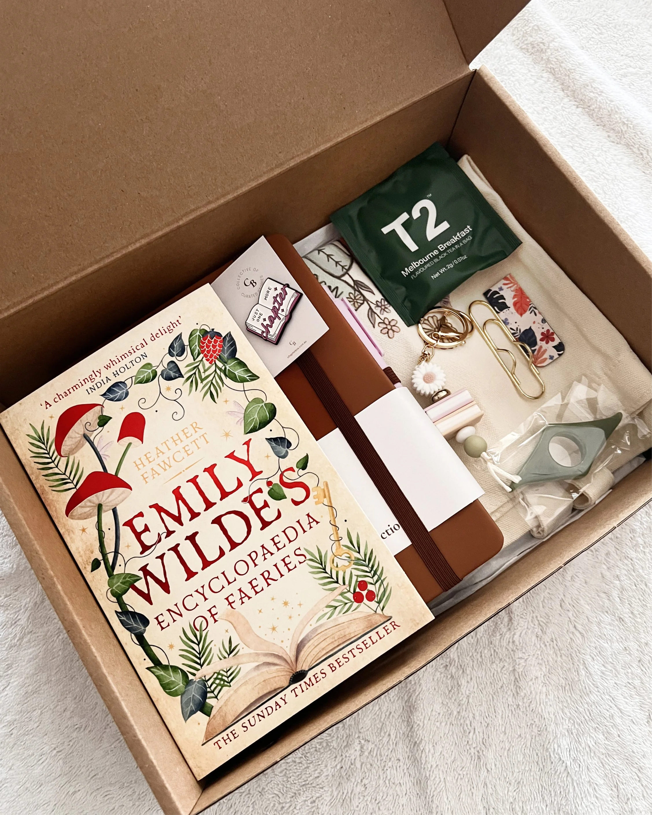 Book box with book, notebook, pin, page holder, tea and tote bag.jpg