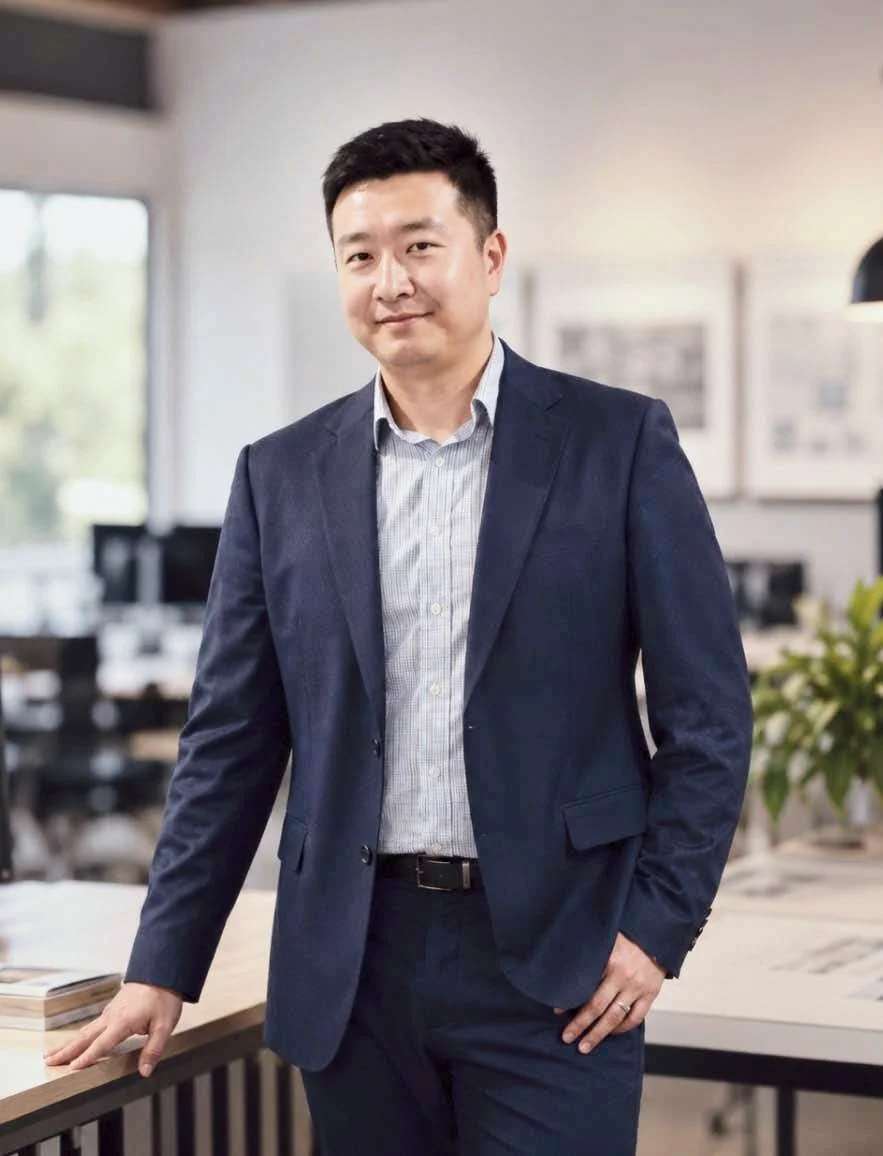 A man in a navy blue suit and light blue collared shirt standing in an office, leaning on a table with a stack of papers, smiling softly.