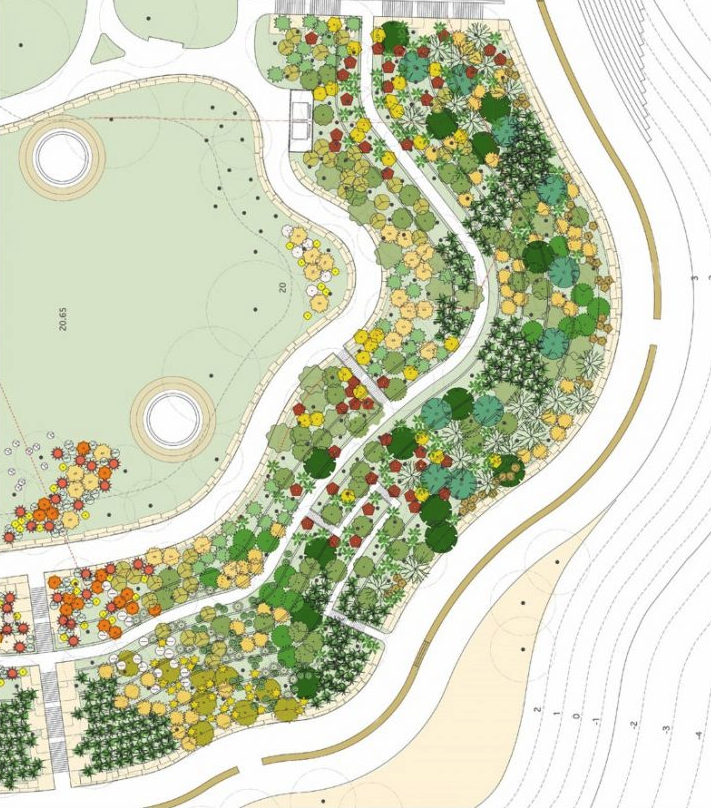 A detailed landscape or garden layout plan with various trees, shrubs, pathways, and open green spaces, along with contour lines indicating topography.