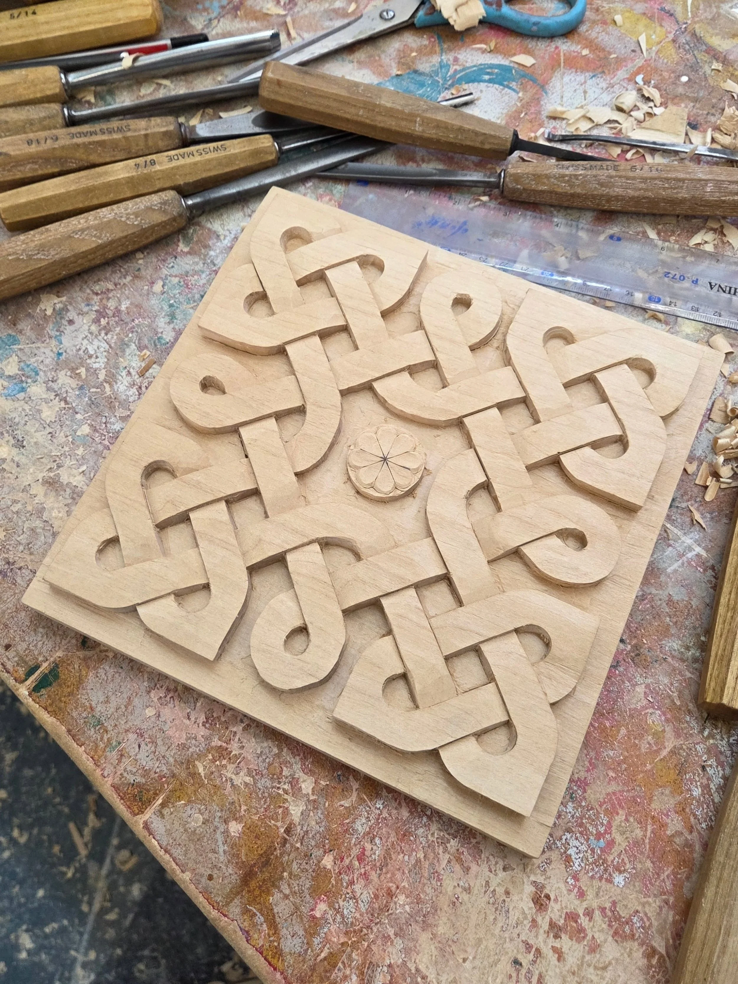 After a 5 day intensive woodcarving course, I've learned that carving for printing is very different than carving for decoration. In printing, the carving doesn't go beyond the aesthetic of what you actually want to print. When carving for decoration