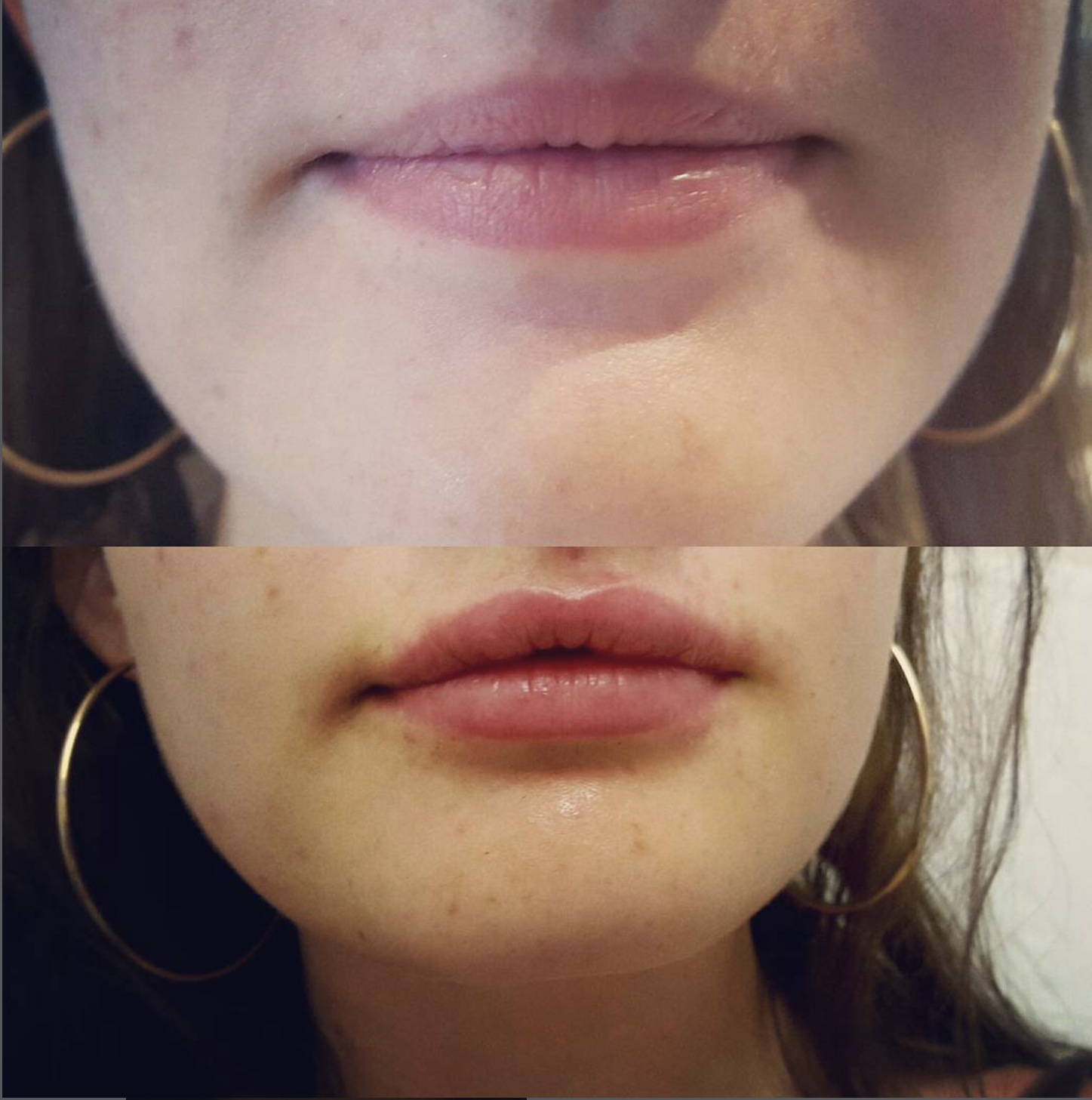 A side-by-side comparison of a person's lips before and after applying lipstick. The top image shows lips with no lipstick, while the bottom image shows lips with a glossy pink lipstick. The person has gold hoop earrings and light skin.