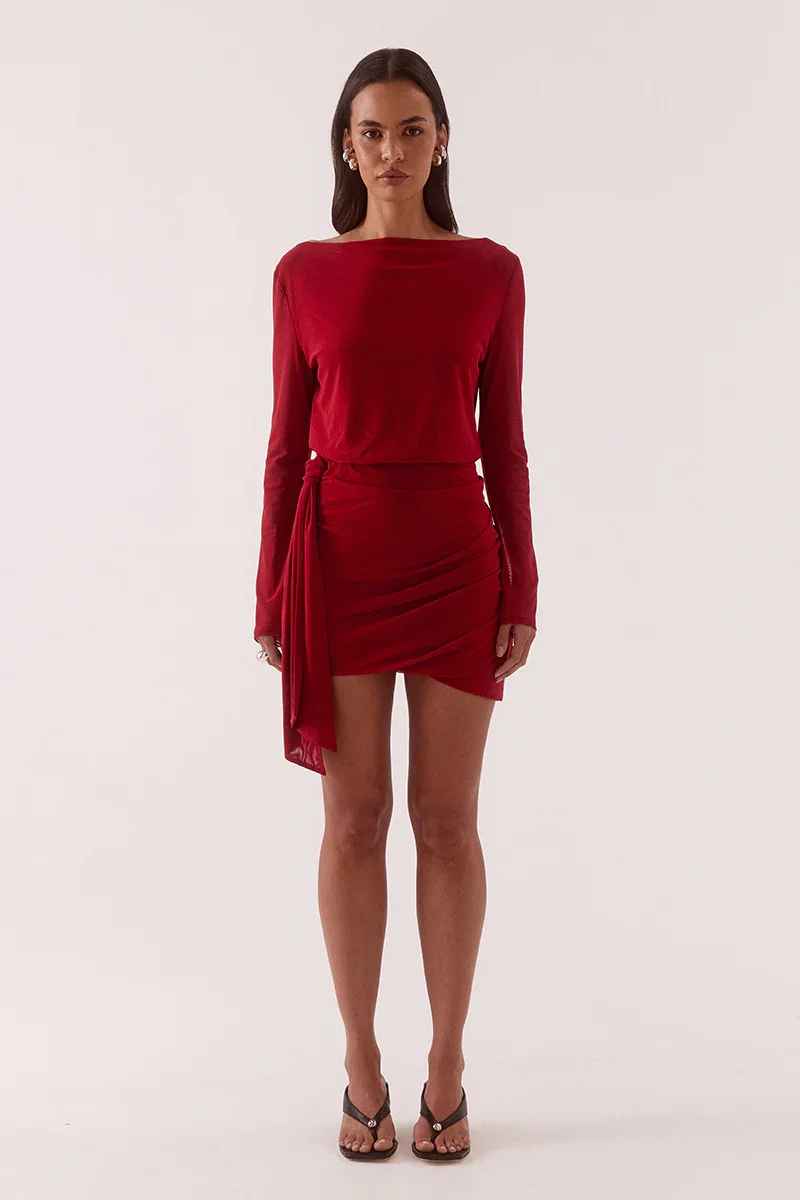 SOVERE STUDIO - MYRIAD DRAPE MINI DRESS - CHERRY - PERTH BOUTIQUE ELISAB.webp