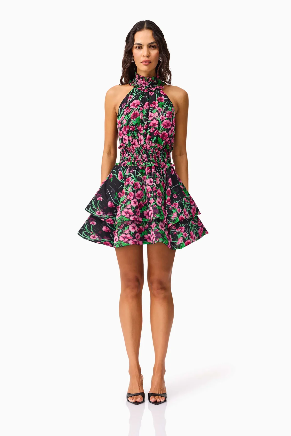 ELLIATT | ESTELLE HALTER MINI DRESS - BLACK/PINK FLORAL