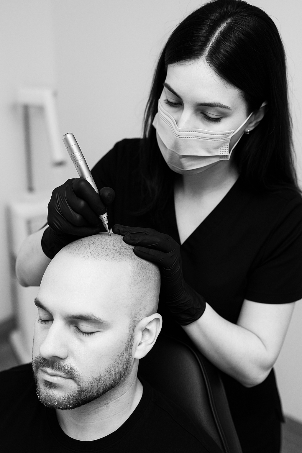 A woman wearing a mask and black gloves draws on the head of a bald, bearded man in a doctor's surgery.