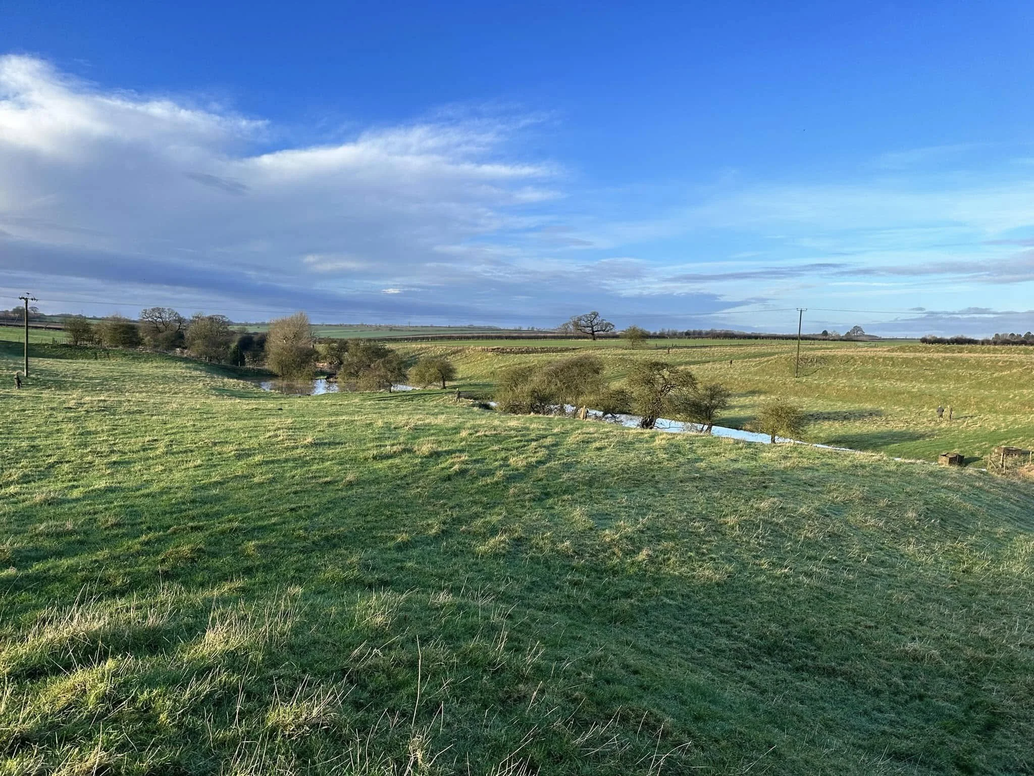 Open green field with scattered trees, a small water stream, and a  cloudy sky with patches of blue.
