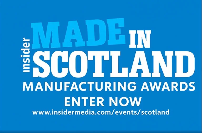 Blue background with white and light blue text promoting the Scotland Manufacturing Awards, urging viewers to enter now, with a website link for more information.