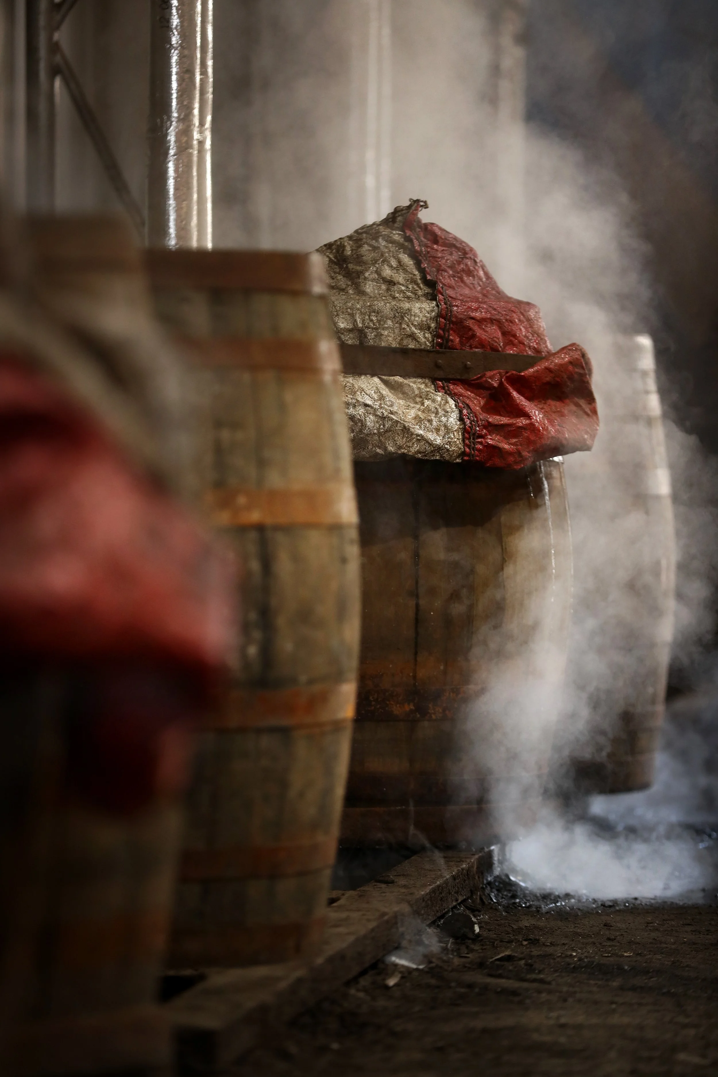 Casks at Oakwood Cooperage filled with steam.