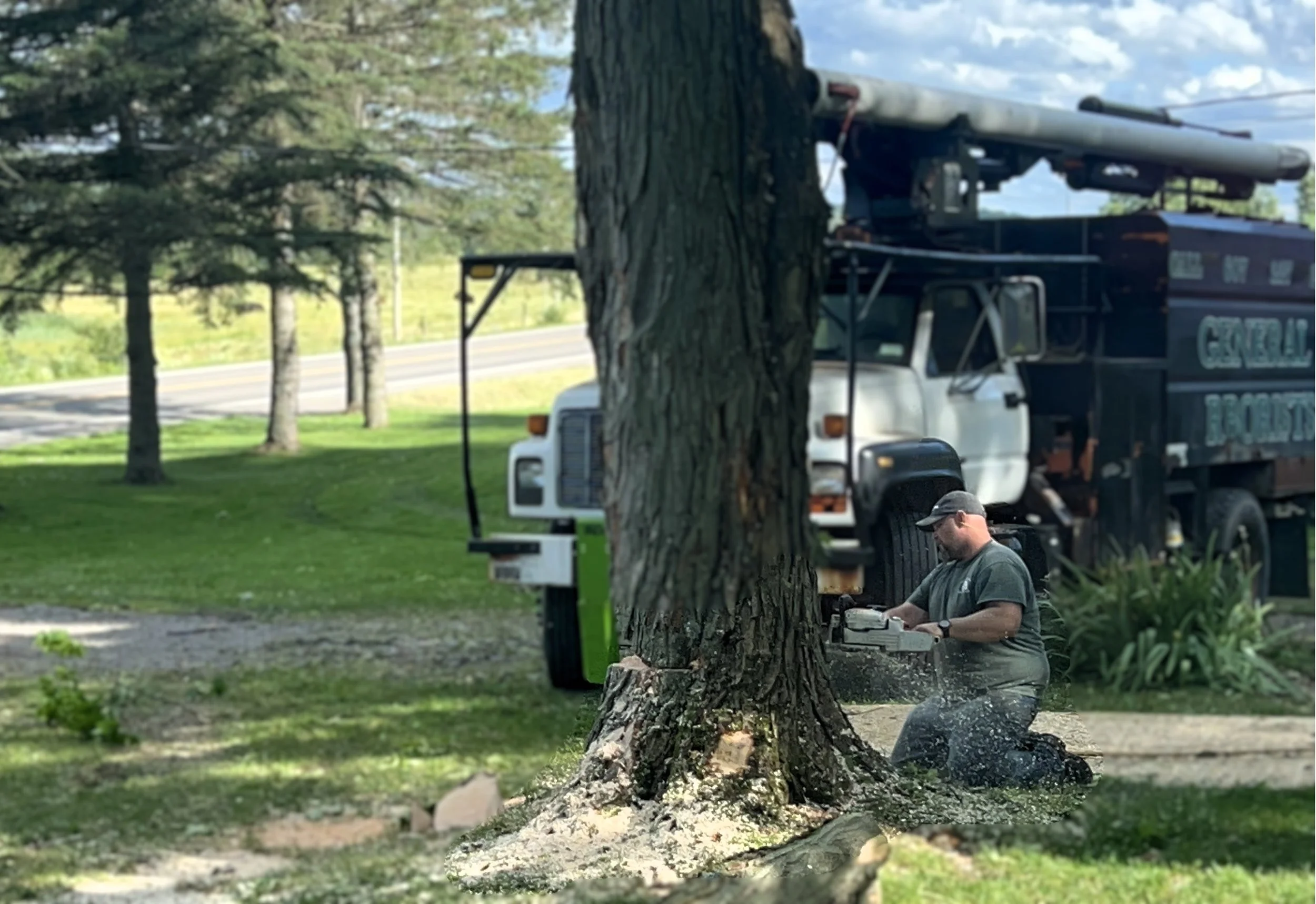 Tree cutting scene with a man working near a felled tree in a grassy area, a truck with equipment in the background, and a partly cloudy sky.