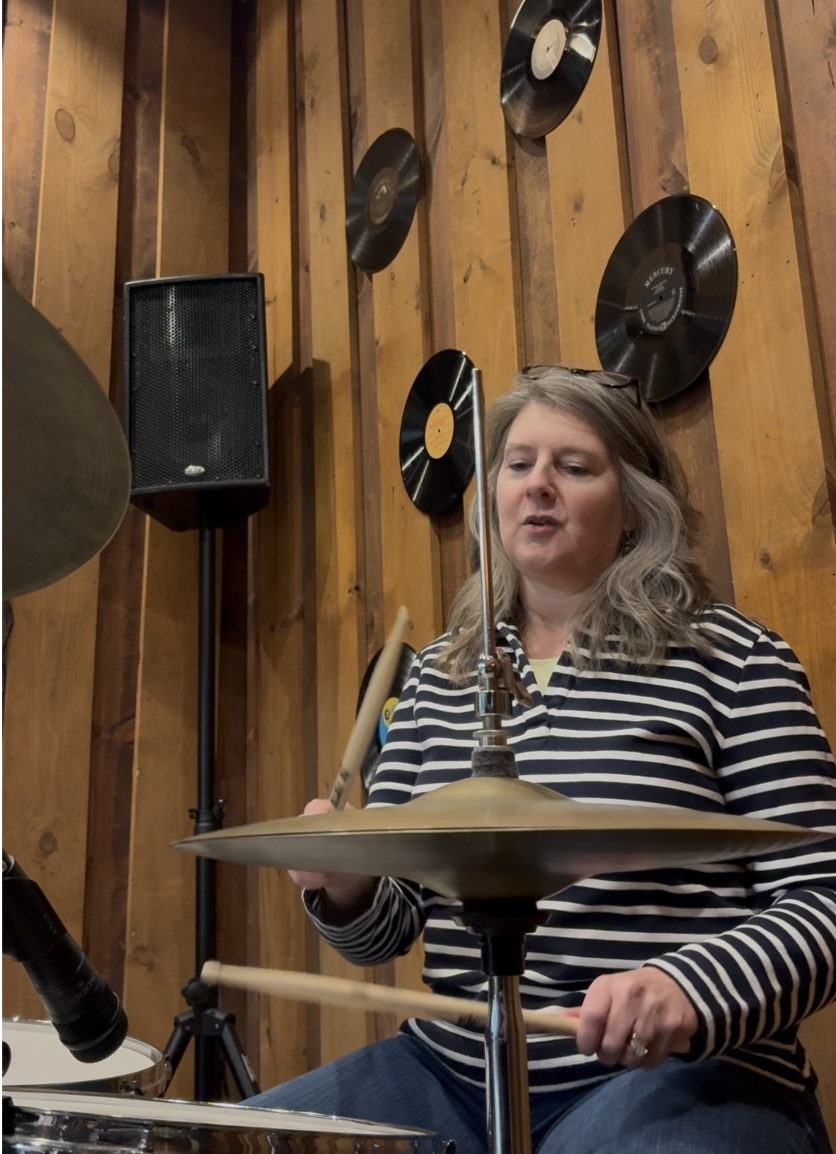 Adult beginner taking drum lessons at Rhythm and Strings music studio in Billerica MA
