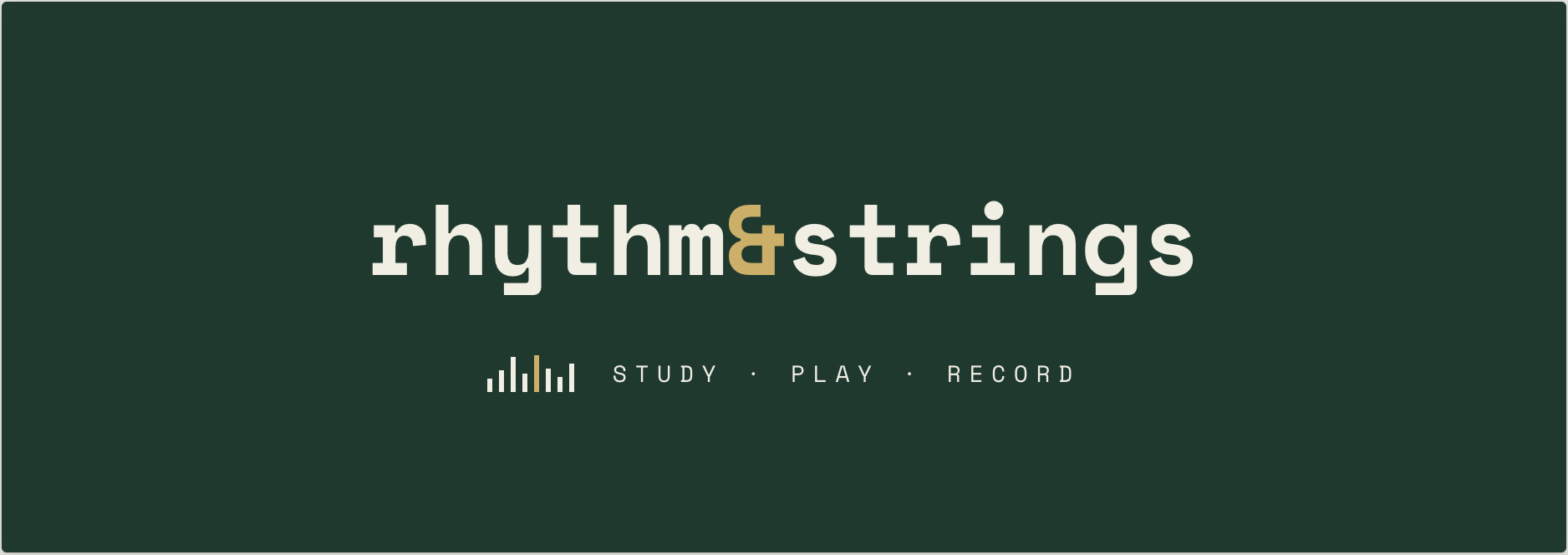 Graphic with dark green background displaying the words 'rhythms & strings' and smaller text 'study, play, record' with a small sound wave icon.