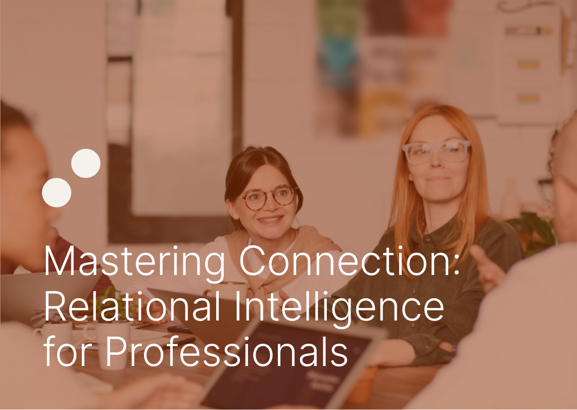 Mastering Connection: Relational Intelligence for Professionals. Group of professionals gathered around a table in a meeting or workshop, engaged in discussion