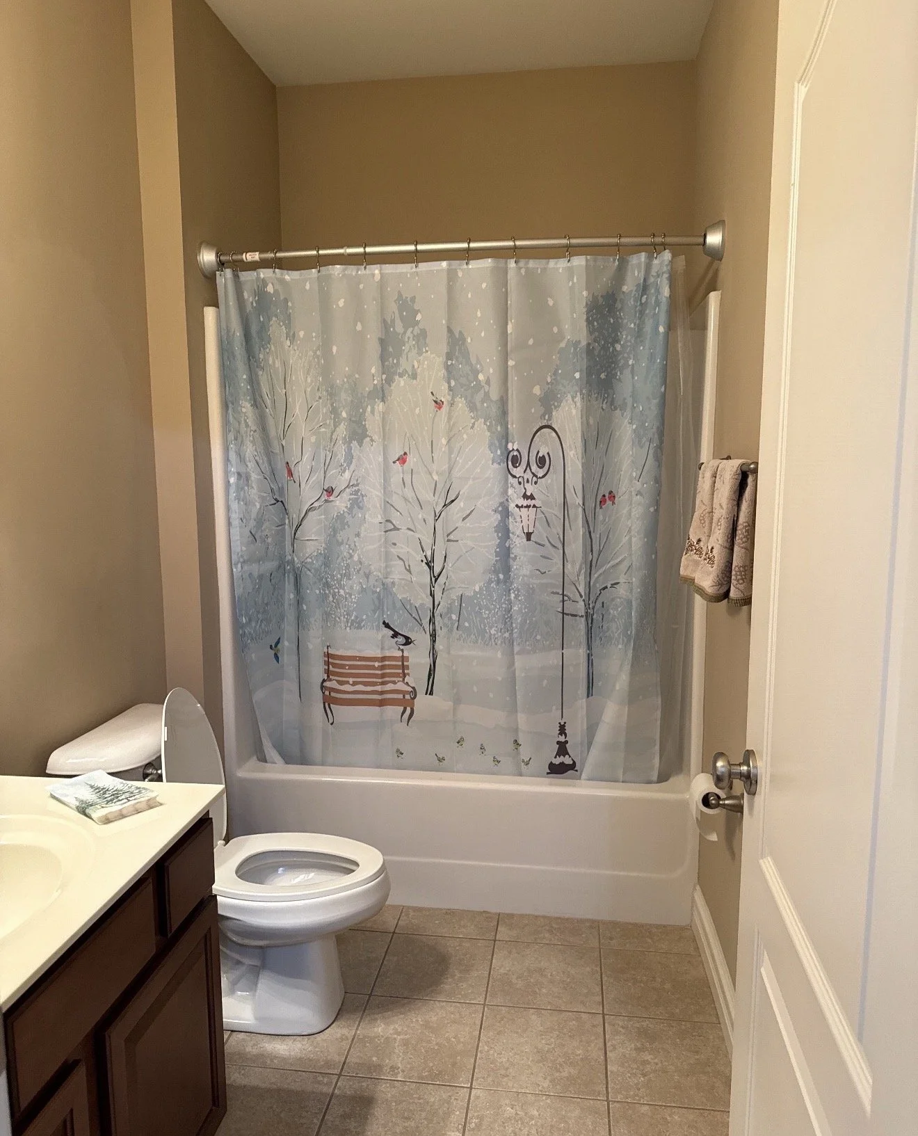 Builder-grade guest bathroom before remodel with shower curtain and dark vanity